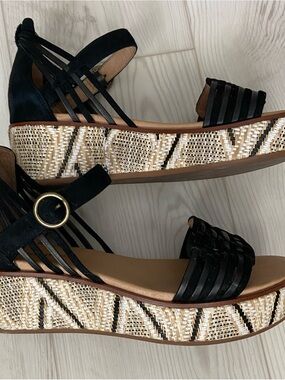 Sundance Black Woven Strap Platform Sandals with Straw-Patterned Wedge